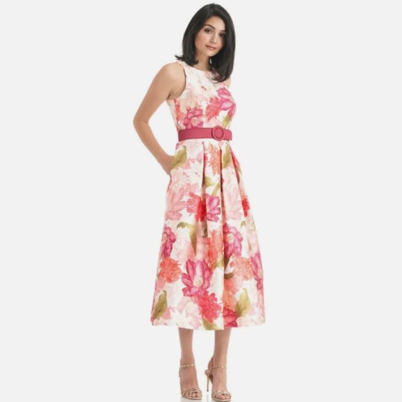 KAY UNGER CORAL LEAF LIBERTY FLORAL BROCADE BELTED MIDI DRESS sz 0 - Picture 1 of 4